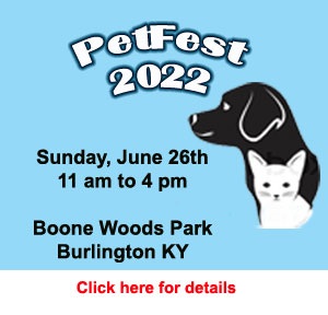 graphic with PetFest2022 time, date and location. Black dog and white cat image on blue background